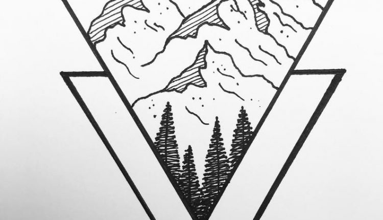 Black and White Geometric Mountain Pine Tree Drawing Framed Wall