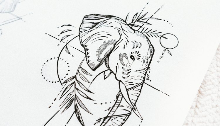 Elephant art delicate line-drawing artwork perfect for small tiny tattoo idea for animal lovers