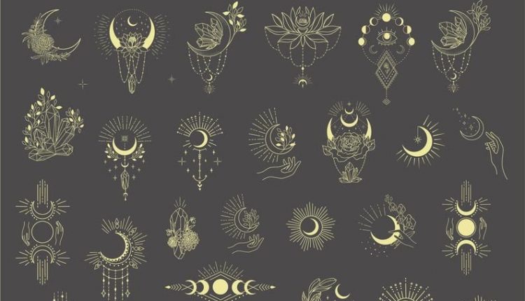 Moon Clipart Crystal Hand Drawn Botanical Floral Leaves Lunar Flower Magic Plant Spiritual Branch Tattoo Logo Astrology Yoga Cosmic Gold SVG