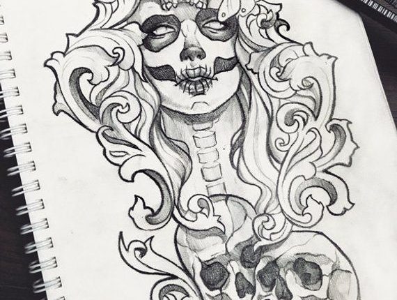 Muertos skull tattoo design ravens grunge roses boho fantasy gothic occult sketch original art A5 (15x20 cm)