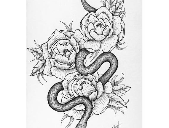 Snake among roses tattoo design home decor wall art original | Etsy