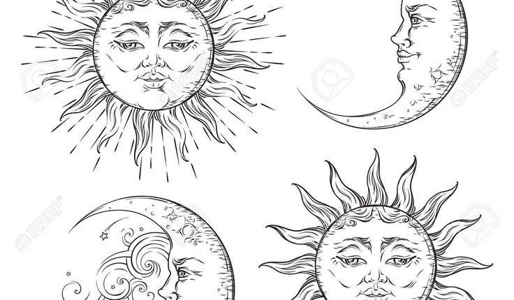 Boho flash tattoo design hand drawn art sun and crescent moon