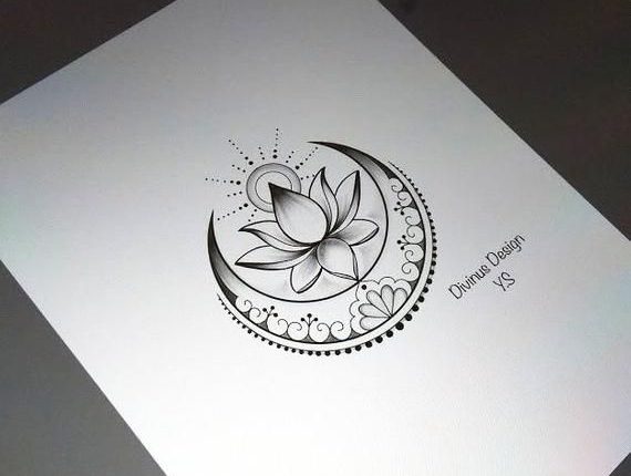 Lotus with Sun and Moon tattoo design and Stencil - Instant Digital Download - Tattoo Permit