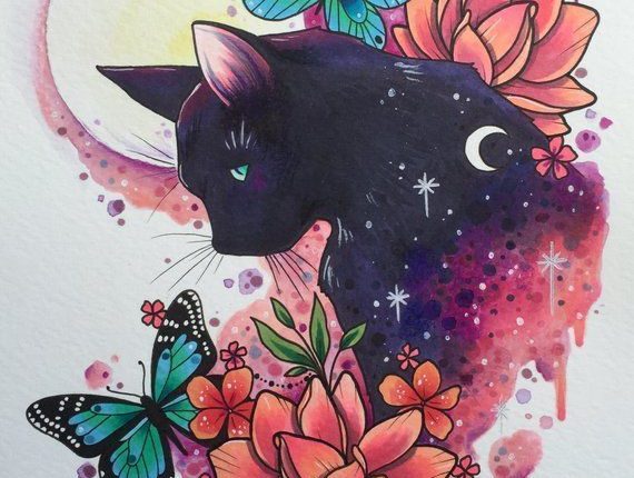Schwarzer Katzentätowierungsdruck, Tätowierungsentwurf, Katzenkunstdruck, Schmetterlingsmaler...