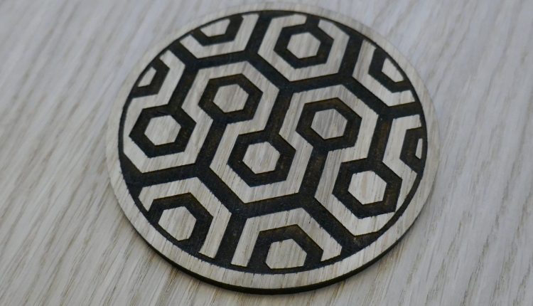 Laser cut wooden coaster. The Shining Hotel Carpet Design