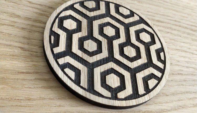 Laser cut wooden coaster. The Shining Hotel Carpet Design