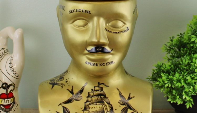 Large Gold Phrenology Head Storage Jar, 30cm