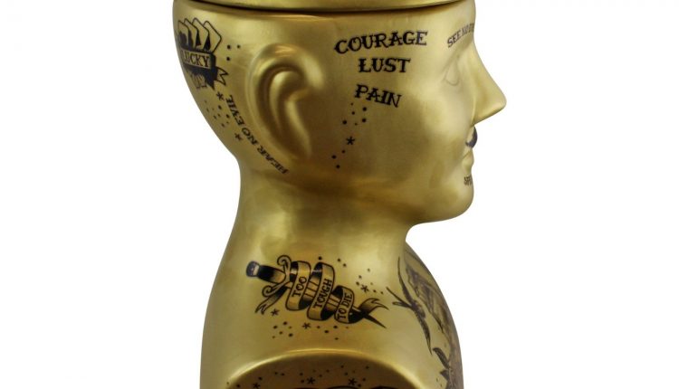 Large Gold Phrenology Head Storage Jar, 30cm