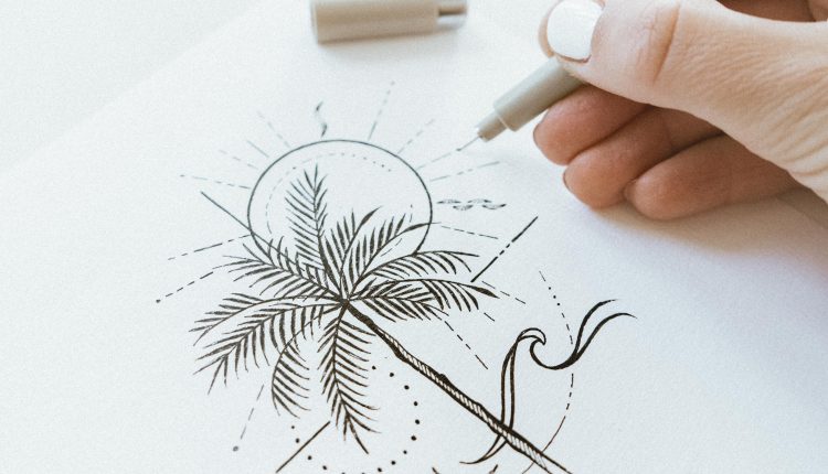 Palm tree delicate line-drawing artwork perfect for small tiny tattoo idea for travel lovers