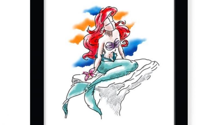 Framed Art Print Digital Watercolour Tattoo inspired mermaid – Black