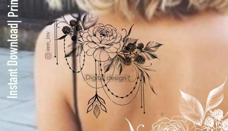 The peony and raspberries tattoo design | Instant download |  Floral drawing | Original print