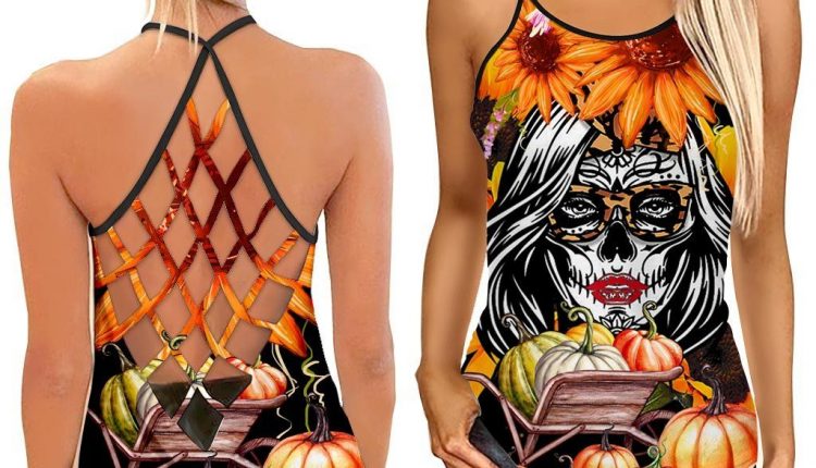 Skull Girl Tattoo Harvest Pumpkin Tank Top Shirt Women –